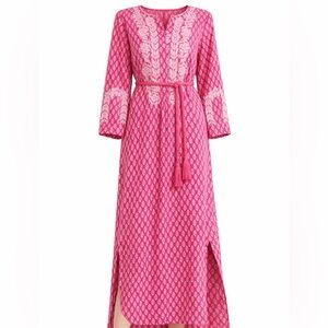 Boho Embroidered Midi Dress Pink Cotton Tassel Belt Long Sleeve XS Ex Voto